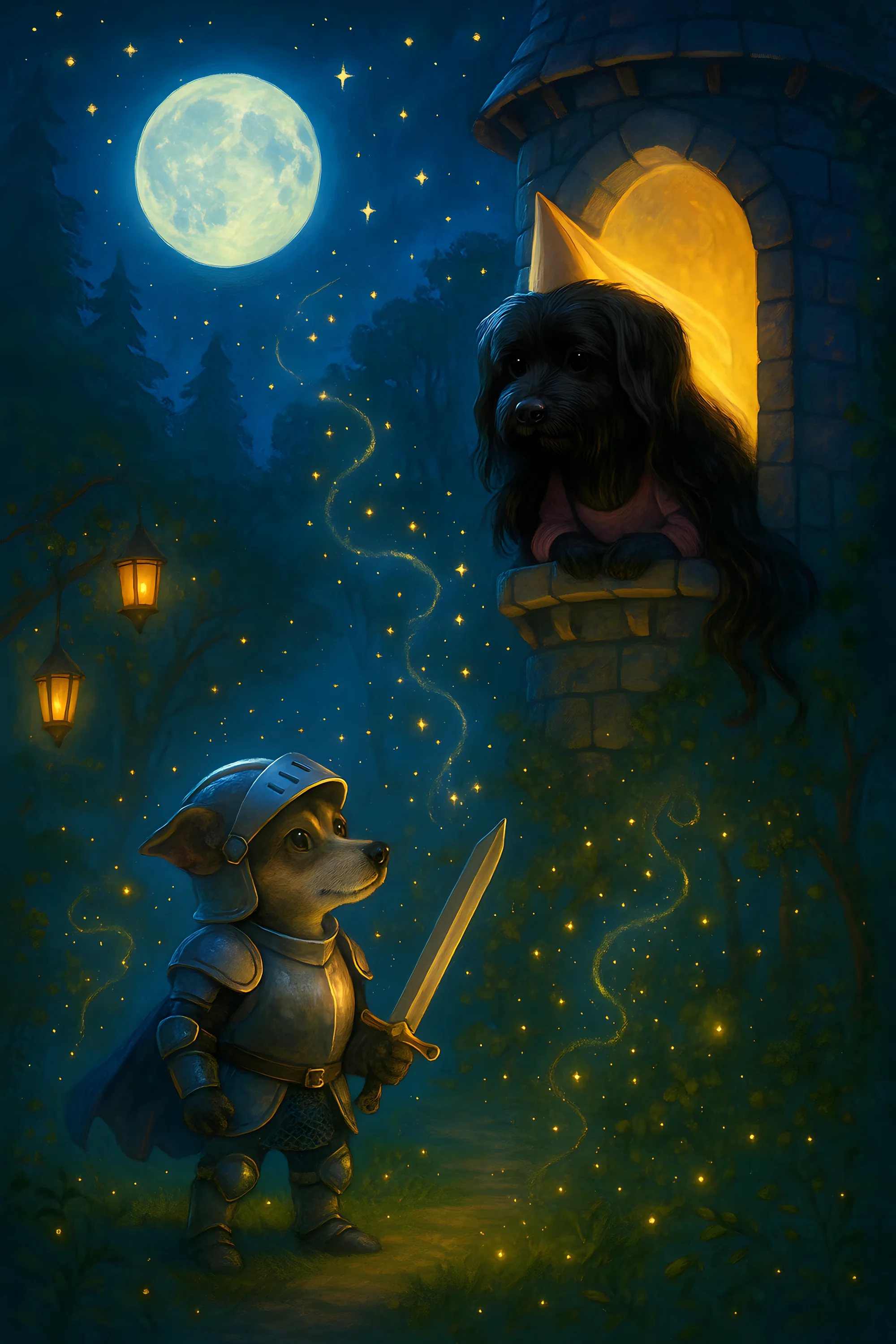 Cooper and Binx in a storybook fantasy